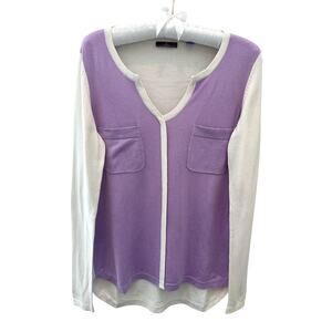 CULLEN | Colorblock Knit Sweater Top Purple Ivory Silk Cashmere Blend | Small